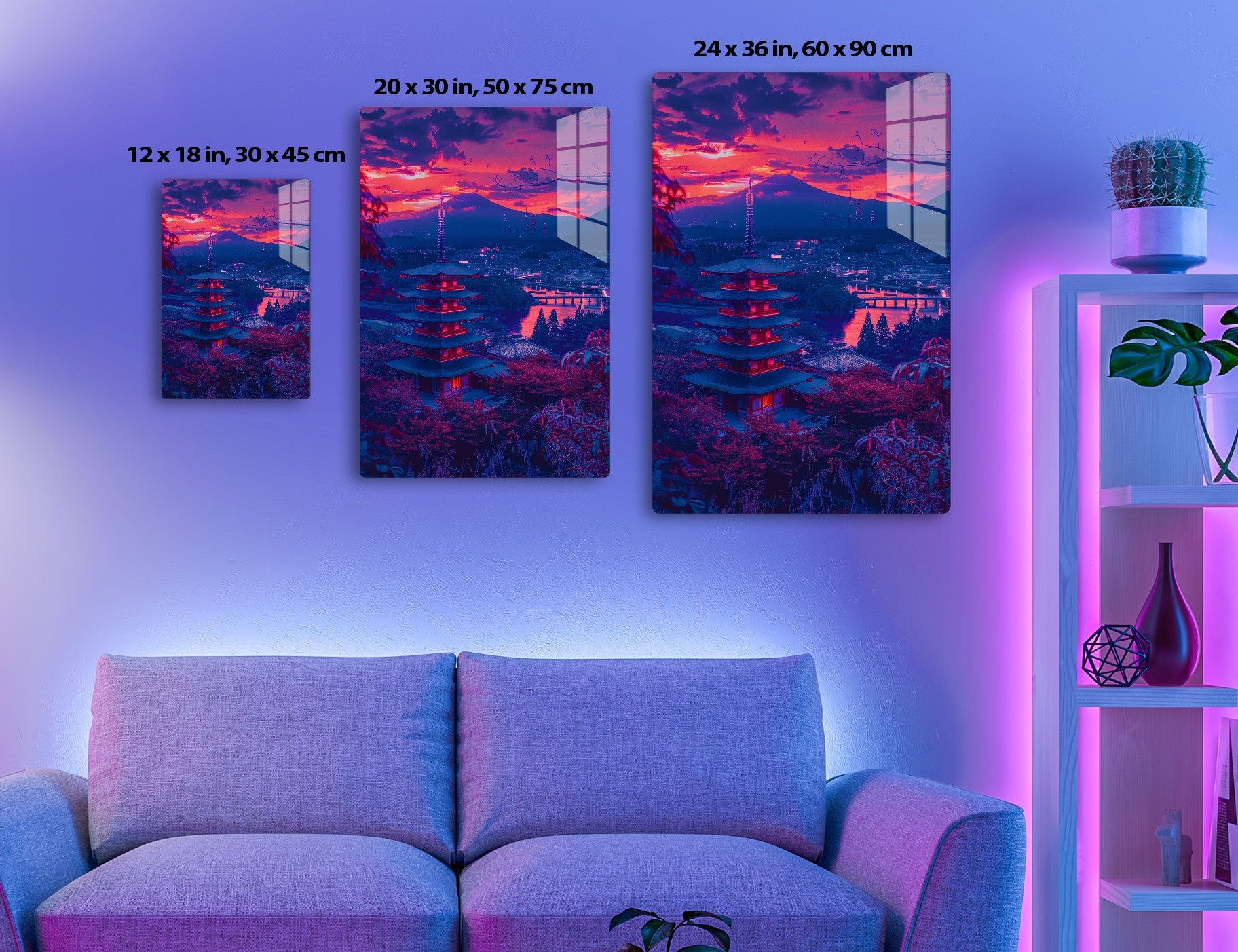 Stunning sunset view of Mount Fuji with a traditional Japanese pagoda, torii gate, and city skyline in the foreground, creating a mesmerizing blend of natural and urban landscapes.
