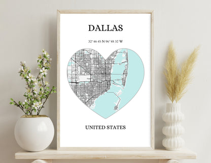 The alt text for this image could be:

Map of Dallas city streets in heart shape with coordinates 32°46'45"N 96°48'32"W, black and white streets overlaid on light blue water areas
