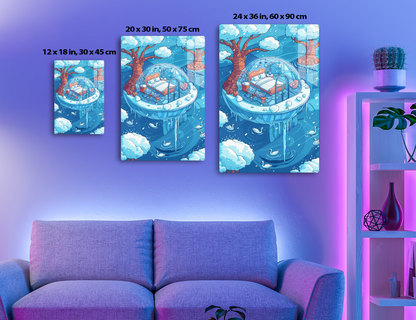 A whimsical scene depicting a cozy bedroom encapsulated within a transparent bubble suspended among clouds, with twisting tree branches framing the dreamlike environment, and swans gliding on the misty blue waters below.
