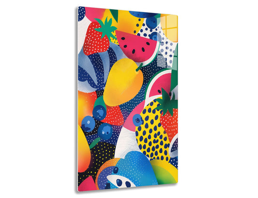 Colorful abstract illustration with patterned fruits like watermelon, pineapple, blueberries and strawberries in vibrant colors and playful shapes.
