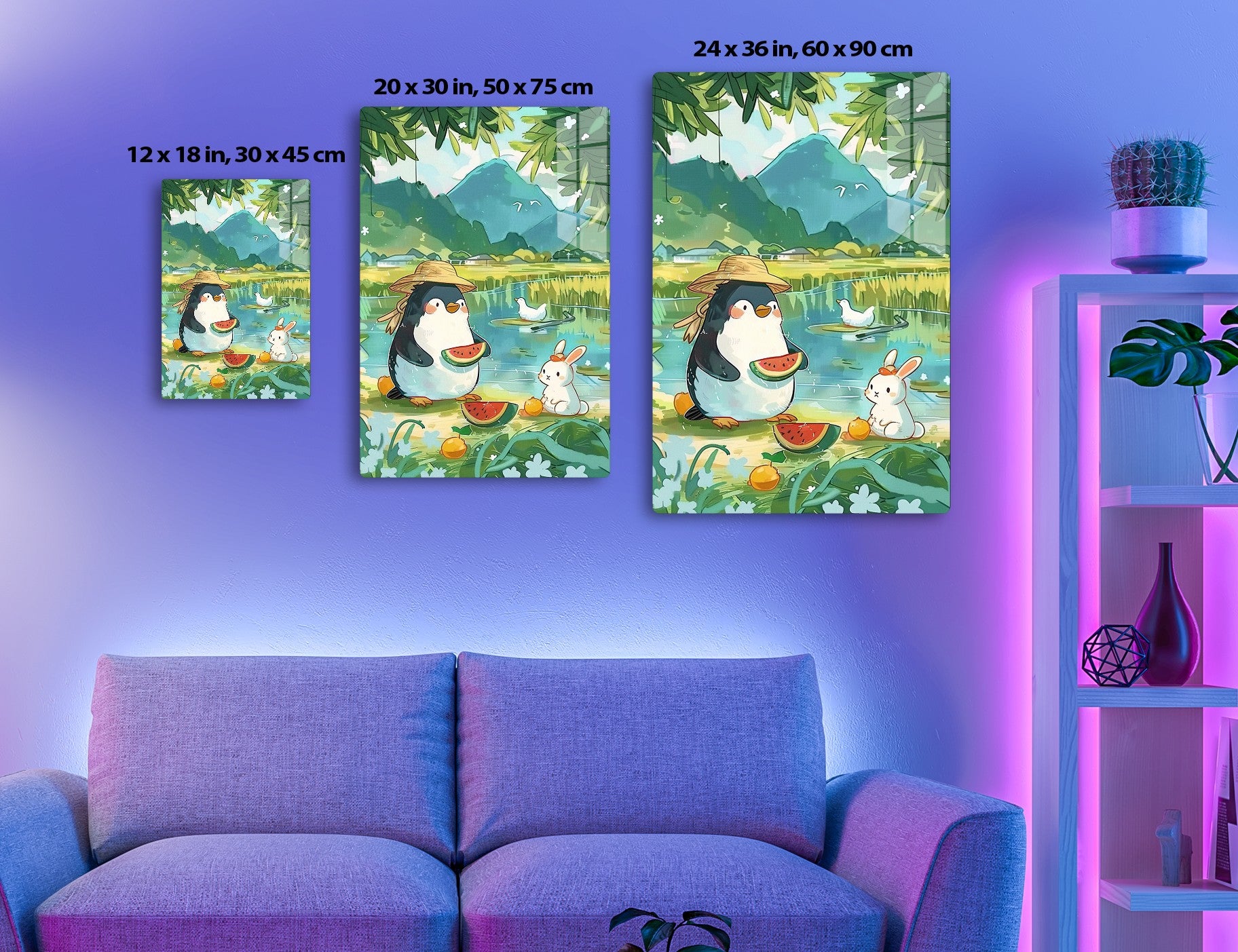 A penguin wearing a hat sits beside a rabbit, enjoying watermelon slices in a scenic wetland with a large smiling mountain in the background, surrounded by lush greenery and a duck on the water.
