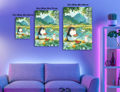 A penguin wearing a hat sits beside a rabbit, enjoying watermelon slices in a scenic wetland with a large smiling mountain in the background, surrounded by lush greenery and a duck on the water.
