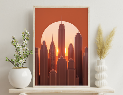 Stylized cityscape illustration at sunset with silhouettes of skyscrapers and buildings in shades of orange and red against a luminous sun.
