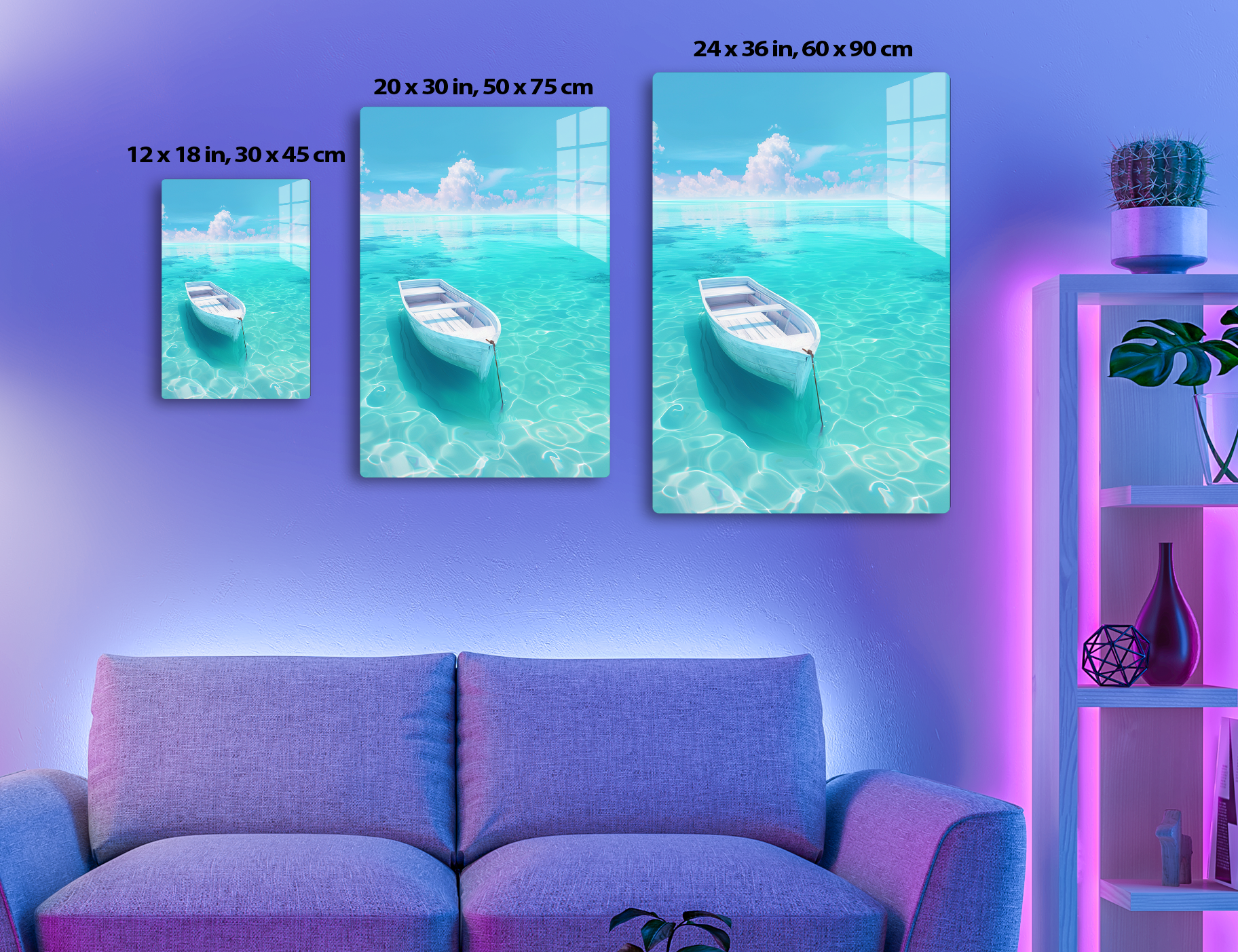 A small white rowboat floats calmly on a serene turquoise sea, with a cloudy sky and distant horizon visible.
