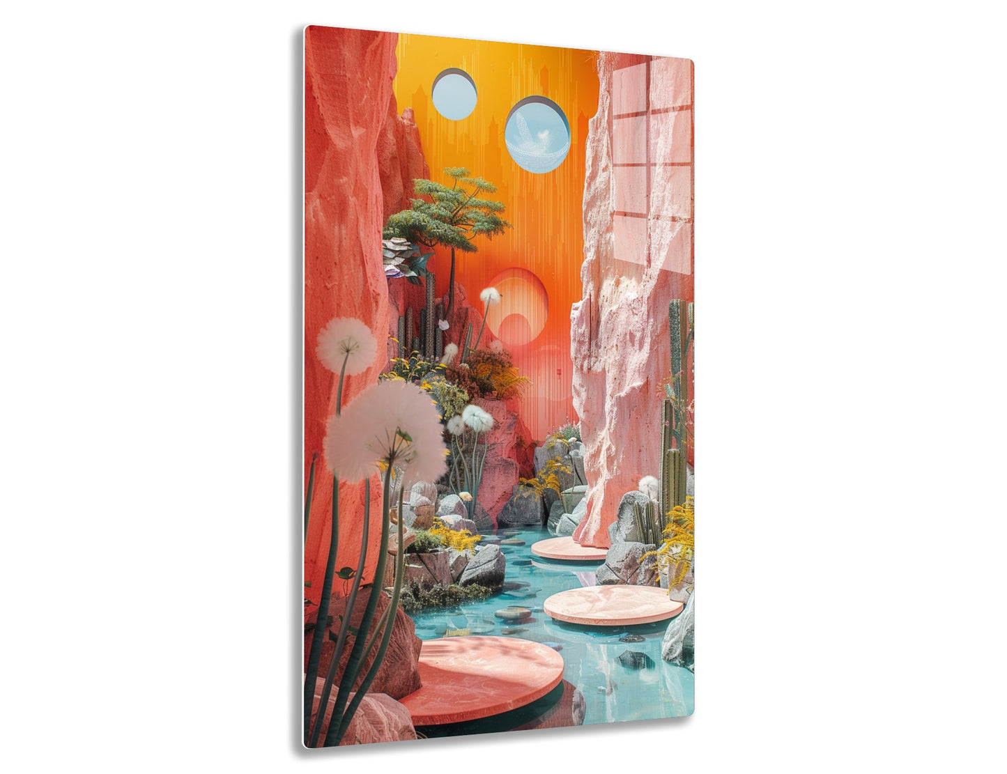 A surreal landscape with towering red rock formations, a stream with round stepping stones, dandelion-like plants, a vibrant orange sky with two spheres, and a tree with intricate patterns on its trunk.
