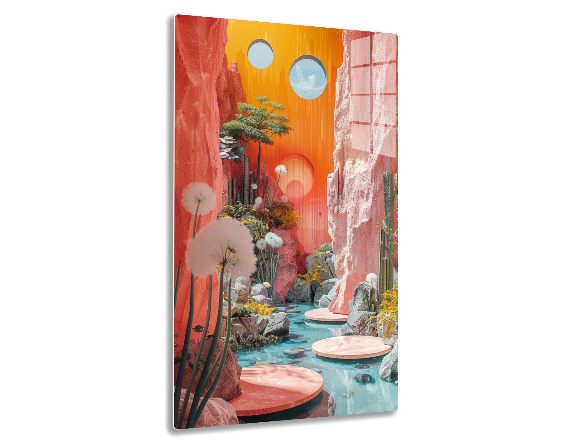 A surreal landscape with towering red rock formations, a stream with round stepping stones, dandelion-like plants, a vibrant orange sky with two spheres, and a tree with intricate patterns on its trunk.
