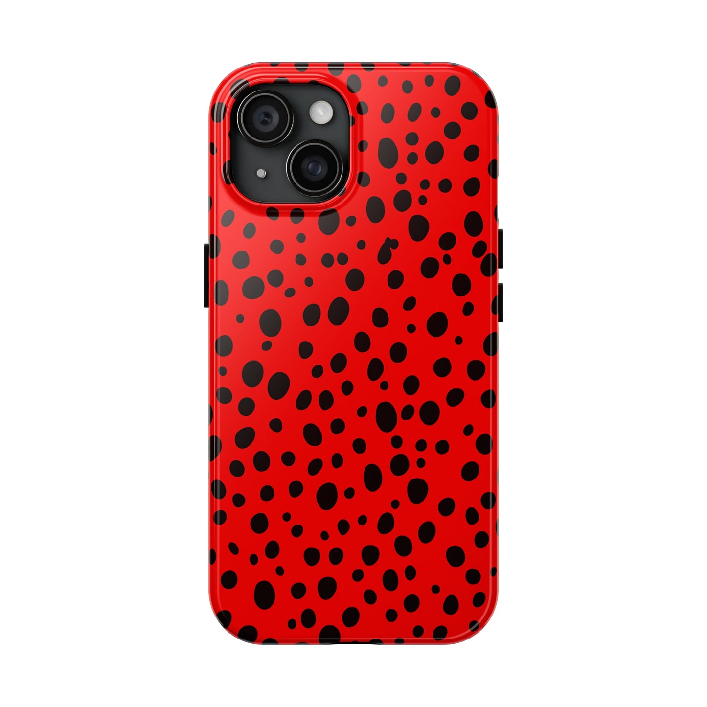 Dotted Delight - Red (iPhone Case 11-15)Elevate your iPhone's style with Rima's Red backdrop with varied black dots case. Sleek, durable protection for models 11-15. Free US shipping.RimaGallery