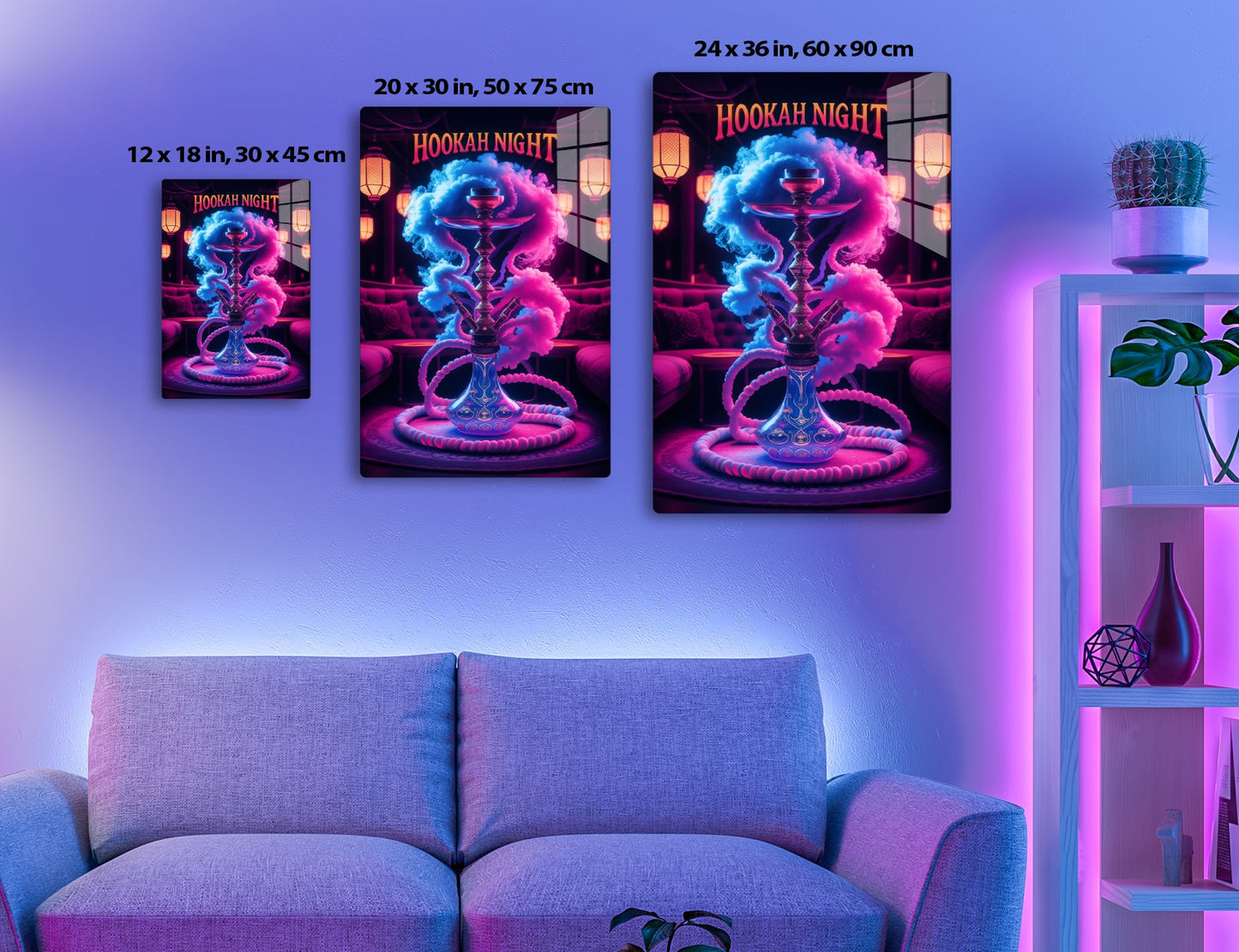 A neon sign "Hookah Night" with an ornate hookah pipe emitting colorful smoke against a Middle Eastern nightclub setting with hanging lanterns.
