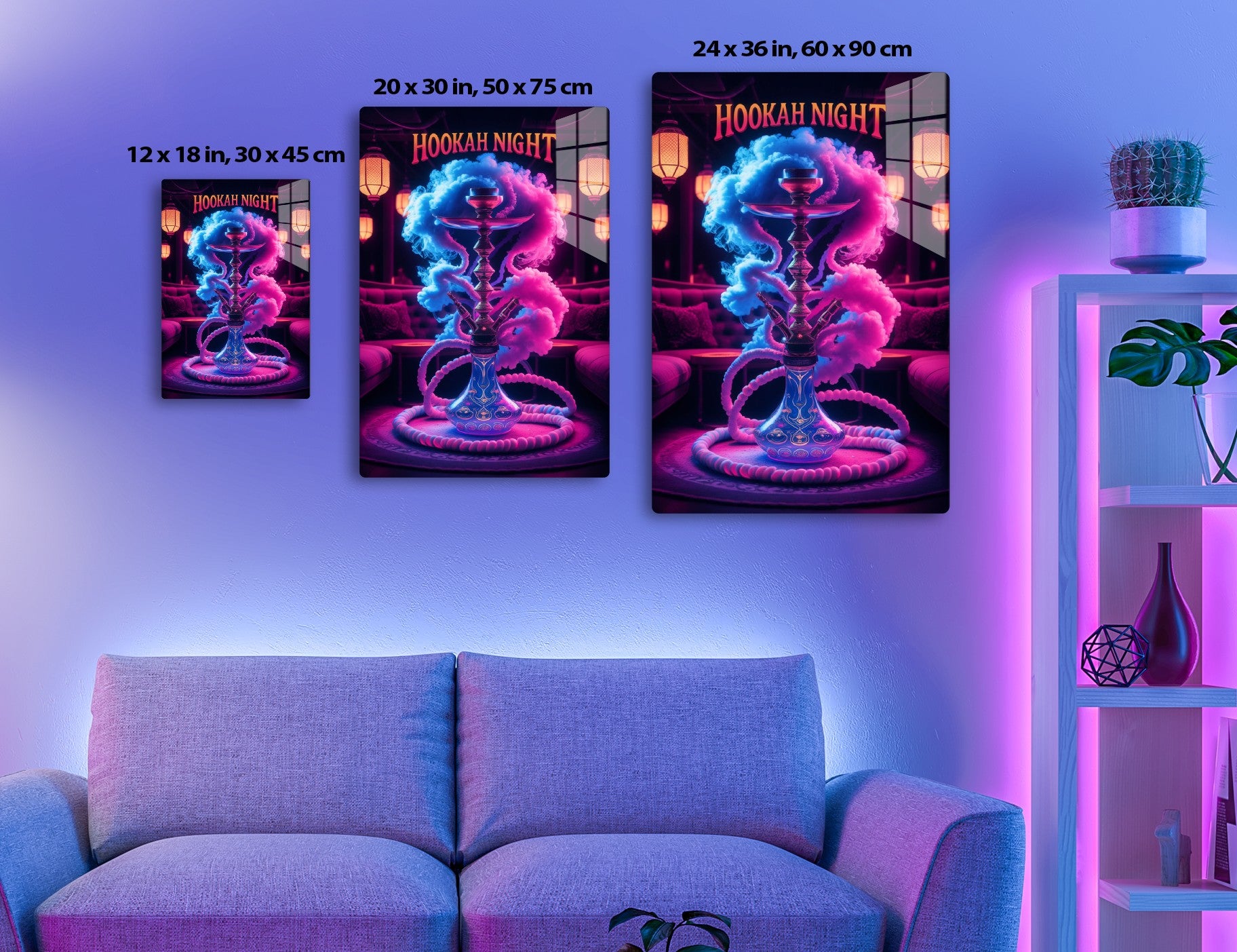 A neon sign "Hookah Night" with an ornate hookah pipe emitting colorful smoke against a Middle Eastern nightclub setting with hanging lanterns.
