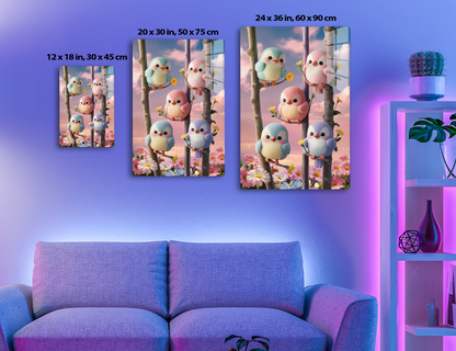 A group of five adorable, plump birds in pastel blue, pink, and purple colors perched on branches surrounded by blooming pink, yellow, and white flowers against a dreamy cloudy sky backdrop.
