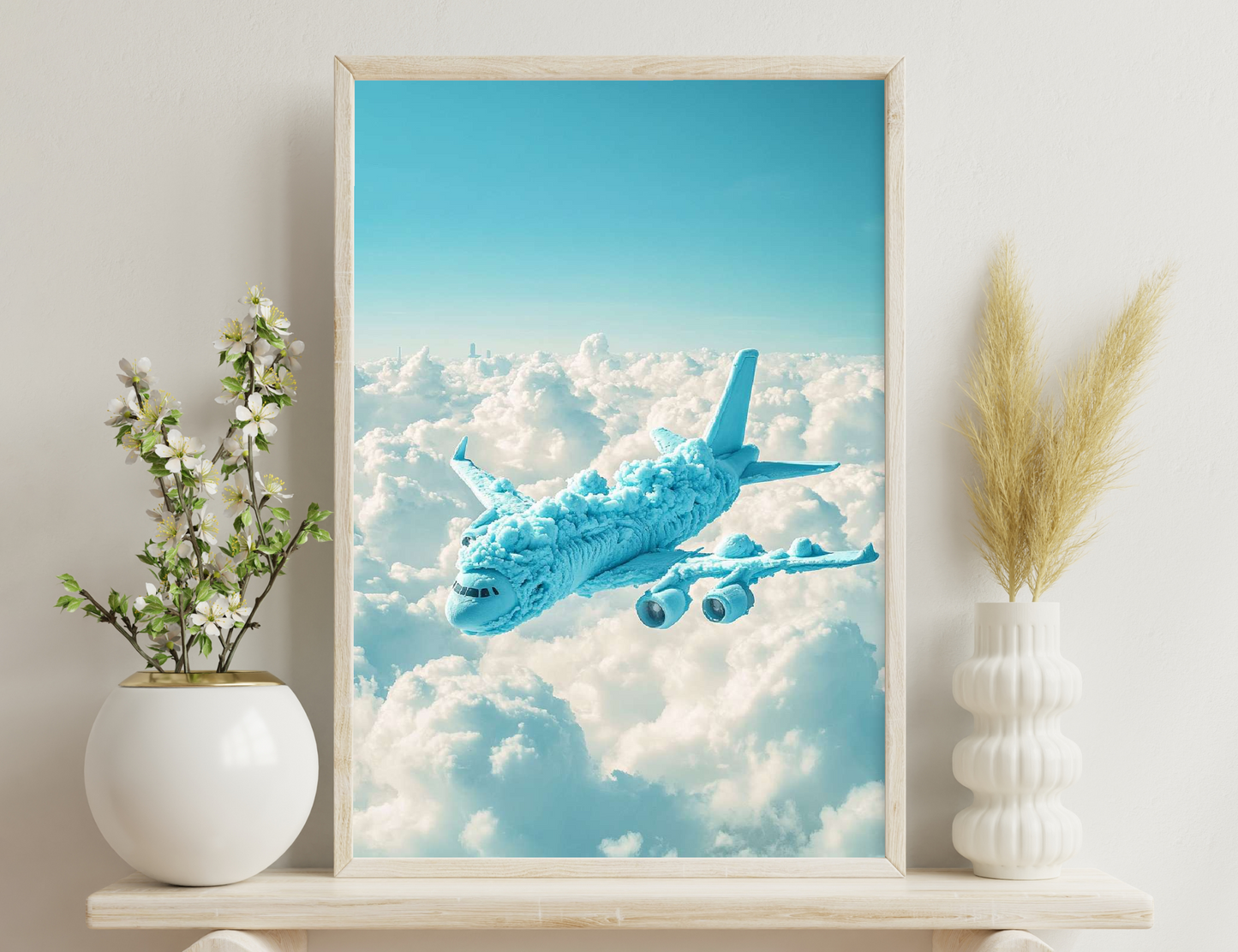 An airplane made of fluffy blue clouds soars through a sky filled with white, billowy clouds, creating a surreal and whimsical scene that blends aviation and nature.

