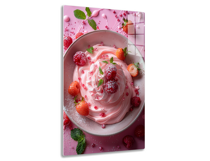 A pink berry smoothie or milkshake topped with fresh strawberries, raspberries, and mint leaves on a pink background.
