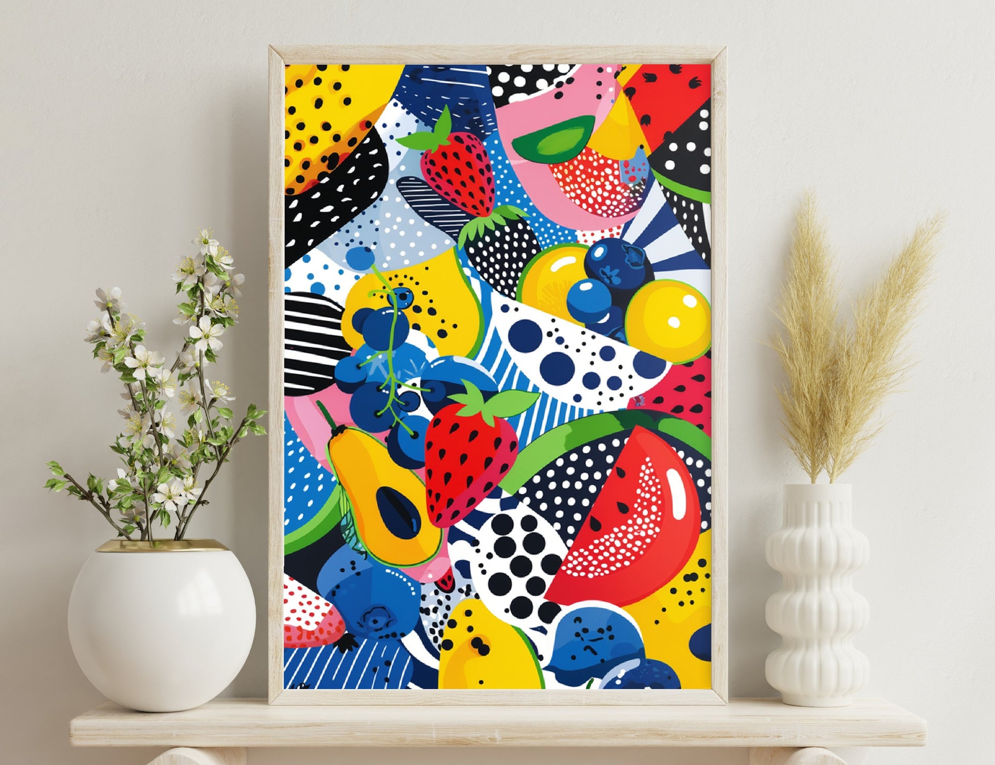 A vibrant abstract artwork featuring various fruit shapes like strawberries and blueberries, along with colorful patterns of dots, stripes and organic shapes in bright colors like yellow, blue, red and pink.
