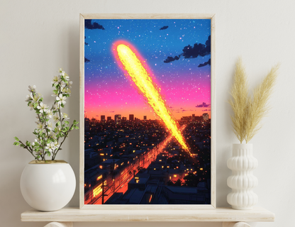 A stunning cosmic scene depicts a fiery meteor burning across a night city skyline, streaking through a starry sky filled with vibrant colors of yellow, orange, and pink, contrasting against the illuminated buildings below.
