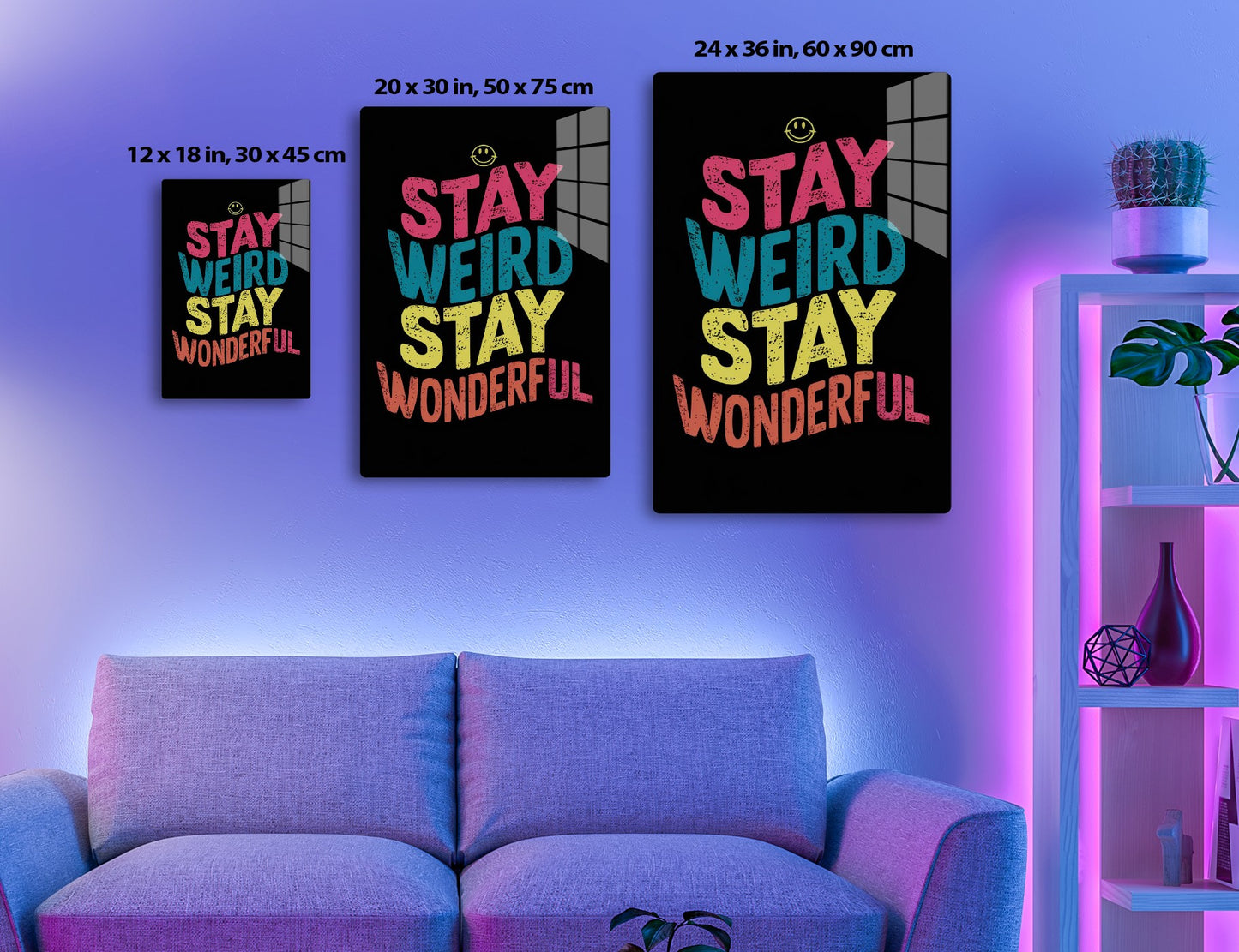 Stay weird, stay wonderful - Grungy text in pink, blue, and yellow with a smiley face icon on a black background, encouraging individuality and embracing one's unique qualities.
