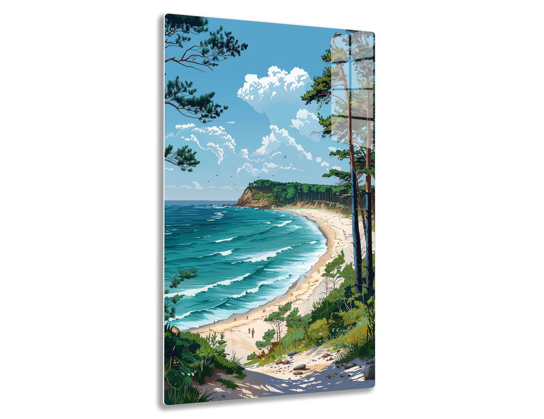 A scenic seashore landscape with tall pine trees framing the view of a sandy beach, crashing turquoise waves, towering cliffs, and billowing white clouds in a bright blue sky.
