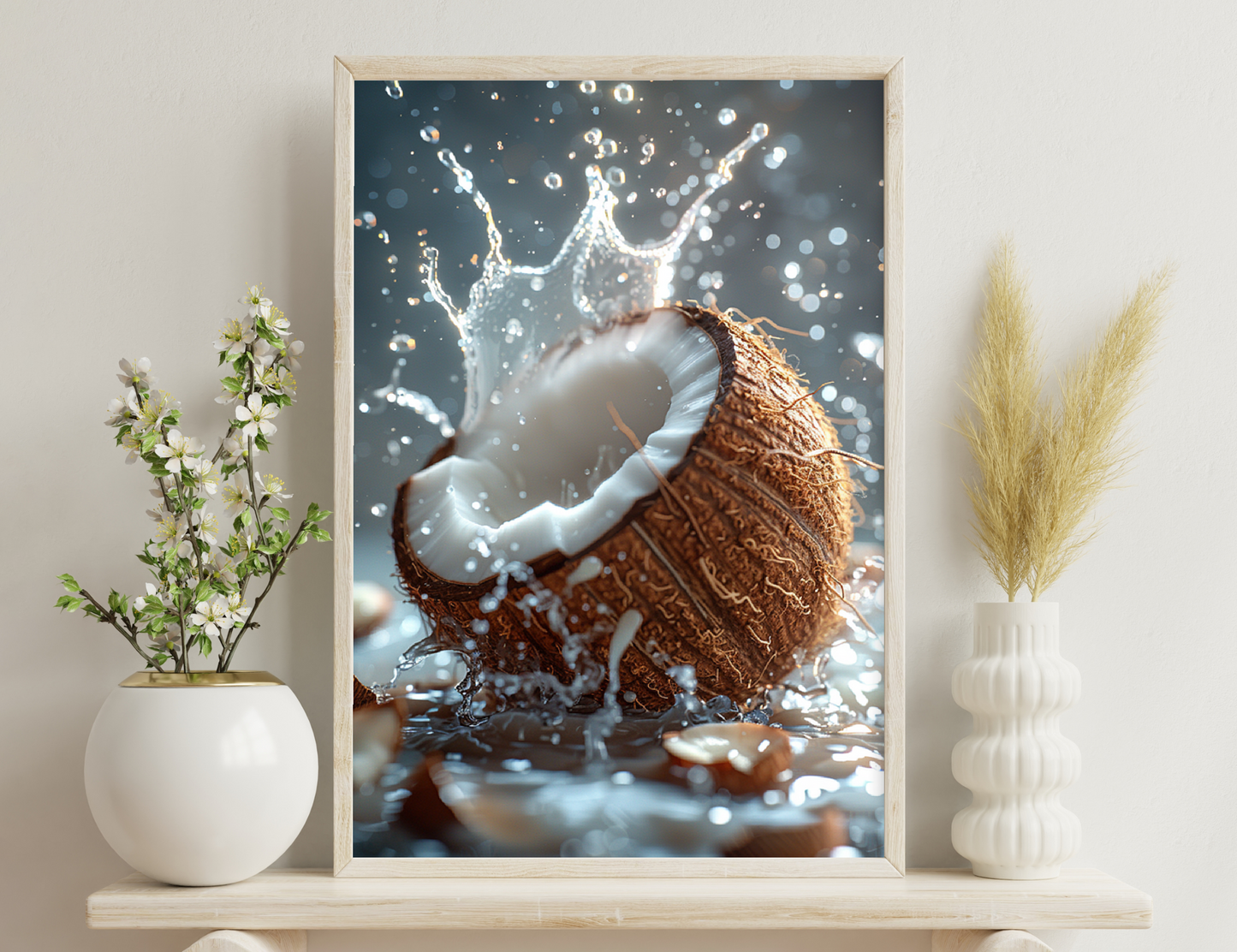 A coconut shell engulfed by splashing water droplets creates a dynamic liquid sculpture effect, with intricate patterns on the shell contrasting against the frozen motion of the water splash.
