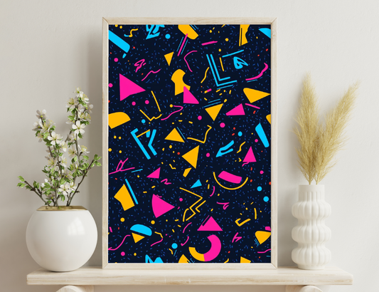 Abstract colorful pattern of random shapes like triangles, squiggles and dots in bright yellow, pink, blue and red colors scattered on a dark background, creating an energetic and playful geometric design.
