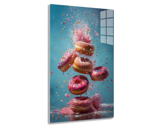 Donuts exploding in midair with frosting and sprinkles showering in a colorful explosion against a blue background.
