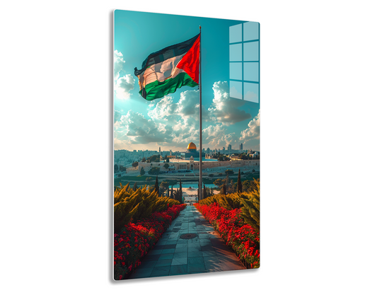 A Palestinian flag flutters against a cloudy sky, overlooking the Dome of the Rock mosque and Jerusalem's old city skyline, with red flowers lining a path in the foreground.
