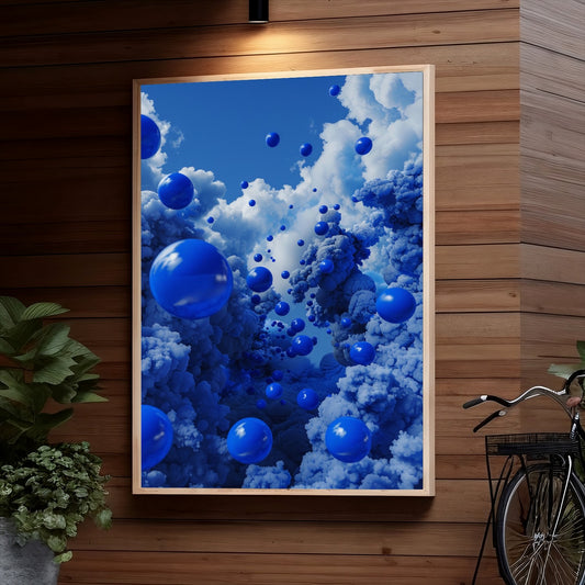 Blue balloons floating among fluffy white clouds against a vibrant blue sky, creating a whimsical and dreamlike atmosphere.

