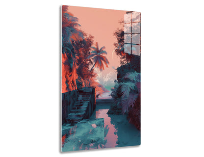 A serene tropical scene with a wooden pathway leading across a calm lake surrounded by towering palm trees and dense foliage, bathed in a warm, reddish-orange sunset glow.
