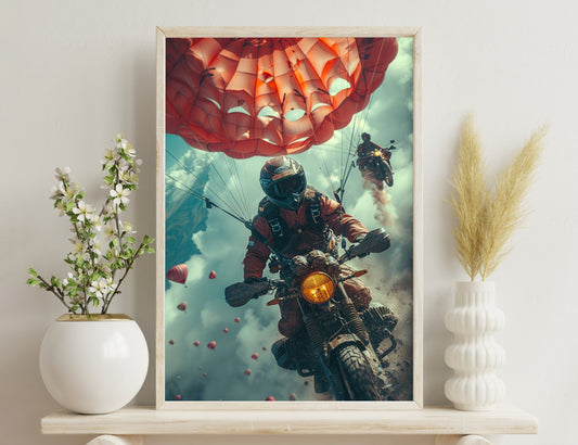 A skydiver on a motorcycle descends with a large red parachute, surrounded by balloons in a surreal sky scene.
