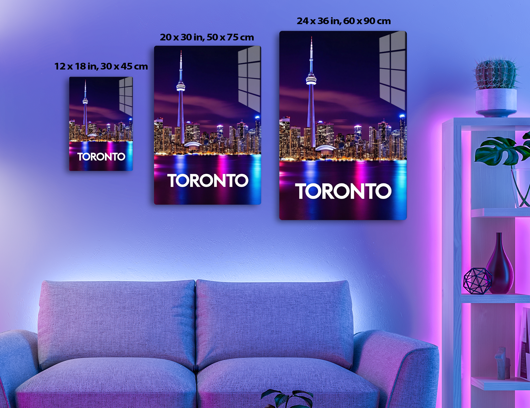Toronto skyline at night with the iconic CN Tower illuminated and the city skyline reflected in the waters, creating a vibrant and colorful scene.
