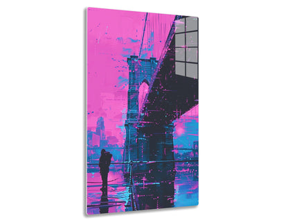 A futuristic cityscape rendered in glitchy neon pink, blue and black tones, featuring a stylized suspension bridge with a lone silhouetted figure in the foreground observing the cyberpunk vista.
