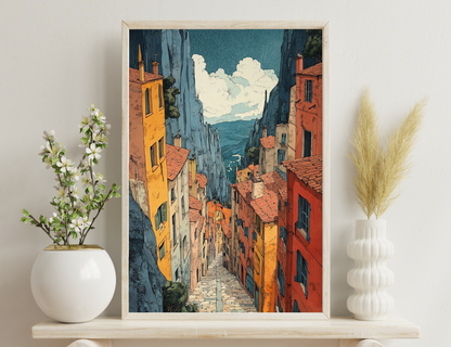 A picturesque alleyway in a colorful coastal town nestled between towering cliffs, overlooking the sparkling sea with billowing clouds above.
