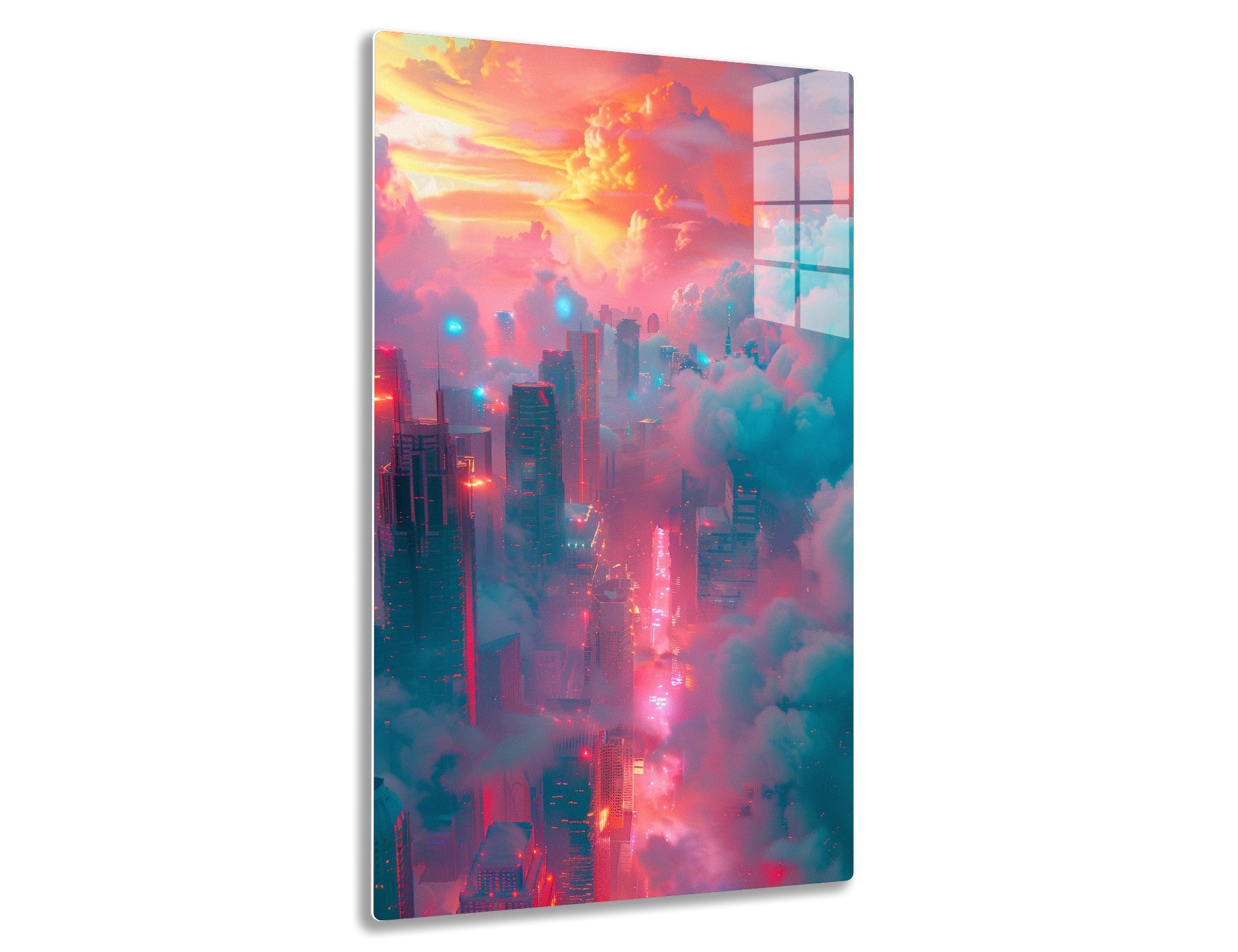 A futuristic cityscape with towering skyscrapers glowing in shades of red and blue, shrouded in vibrant clouds streaked with orange and pink hues at sunset, creating a dreamlike, cyberpunk atmosphere
