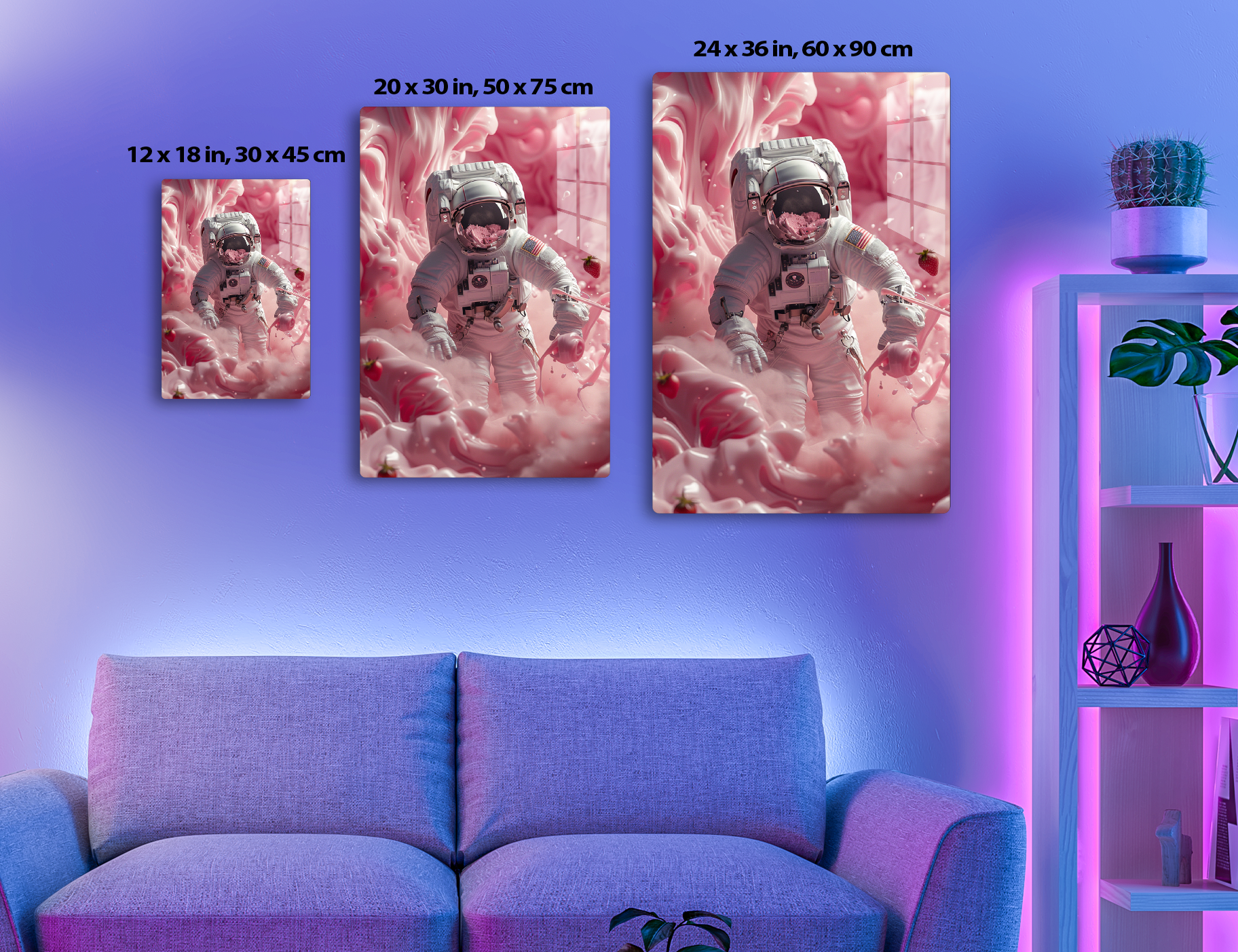 An astronaut in a pink cosmic environment, surrounded by strawberry liquid and floating strawberries, creating a surreal and dreamlike atmosphere.
