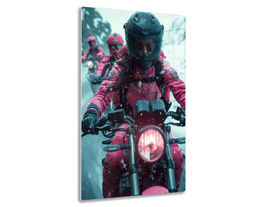 A snowmobiler in a red winter suit and helmet rides through a snowy landscape, flanked by others in the background, creating a dynamic and immersive winter sports scene.

