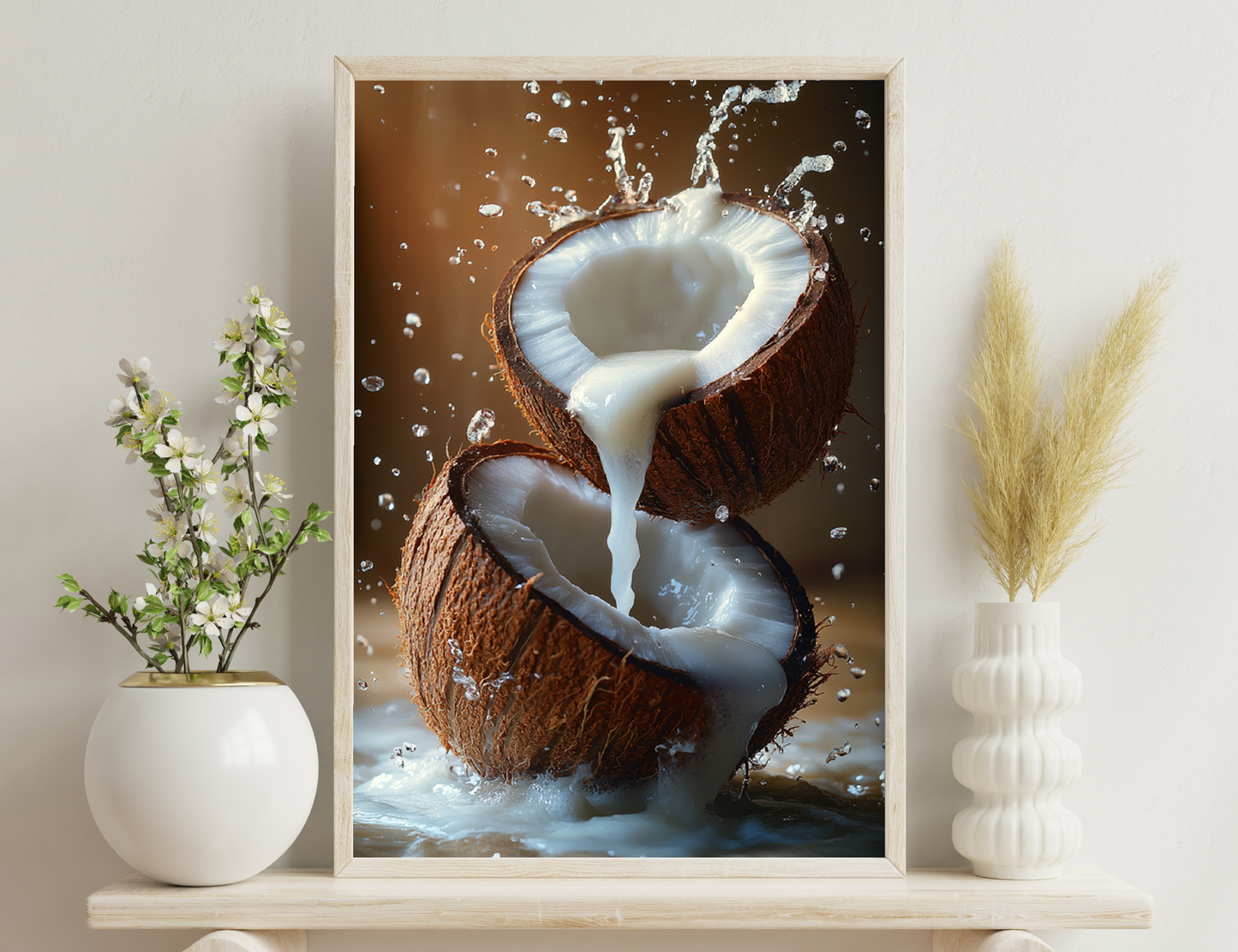 A halved coconut with its milk splashing out, creating a splatter of white liquid and bubbles against a brown background.

