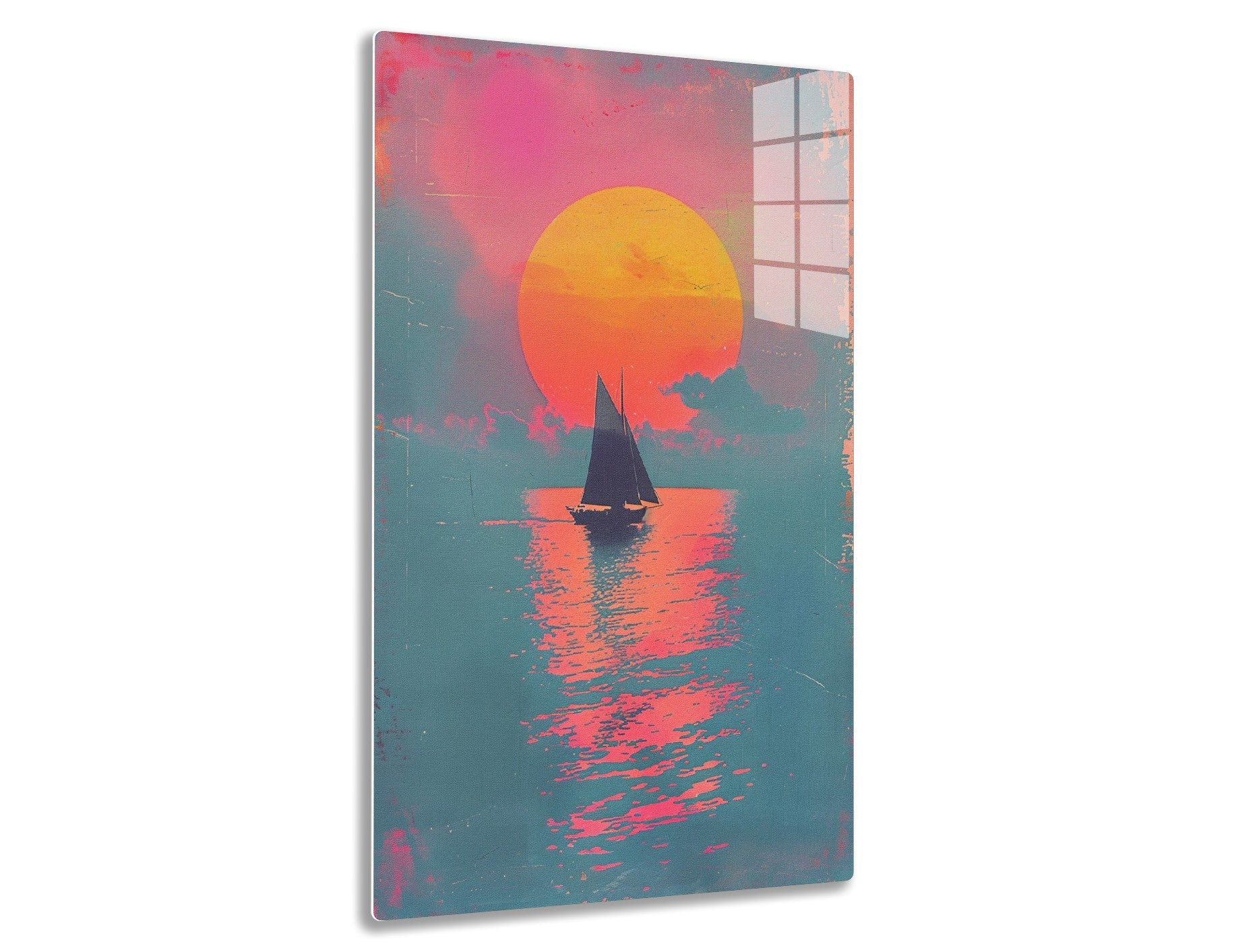 A sailboat silhouetted against a vibrant orange sunset reflecting on the water's surface, with pink and blue clouds in the sky, creating a serene and picturesque scene.
