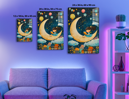 A whimsical illustration depicting a young girl reading a book while sitting on a crescent moon, surrounded by floating balloons, musical notes, stars, and a village below in a night sky.
