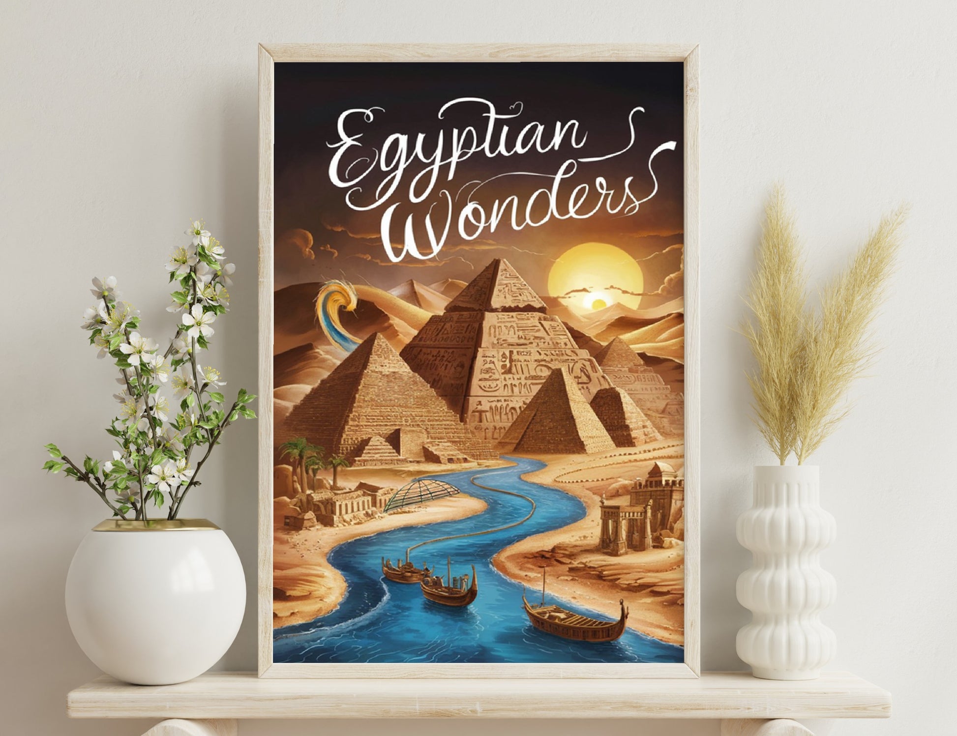 A scenic depiction of ancient Egypt featuring pyramids, hieroglyphs, the Nile River with sailboats, and an orange sunset, promoting "Egyptian Wonders" in stylized calligraphic text.
