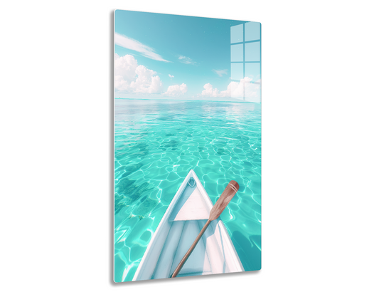 A serene view from a boat, with the bow cutting through crystal clear turquoise waters under a cloudy blue sky, creating a calming and inviting tropical scene.
