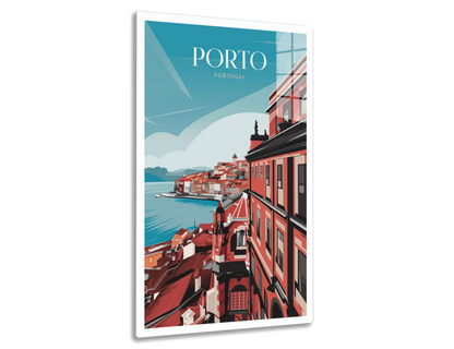 Porto, Portugal travel poster illustration. Iconic red-tiled rooftops of Porto's colorful riverside buildings overlooking the Douro River with boats in the blue water against a cloudy sky.
