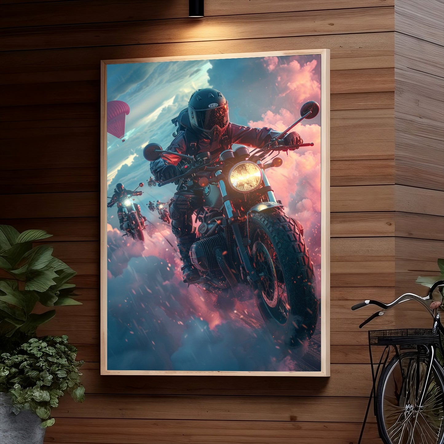 A futuristic biker in advanced armor rides a powerful motorcycle, leading a pack through an atmospheric cloudy scene with pink and blue hues filling the sky.
