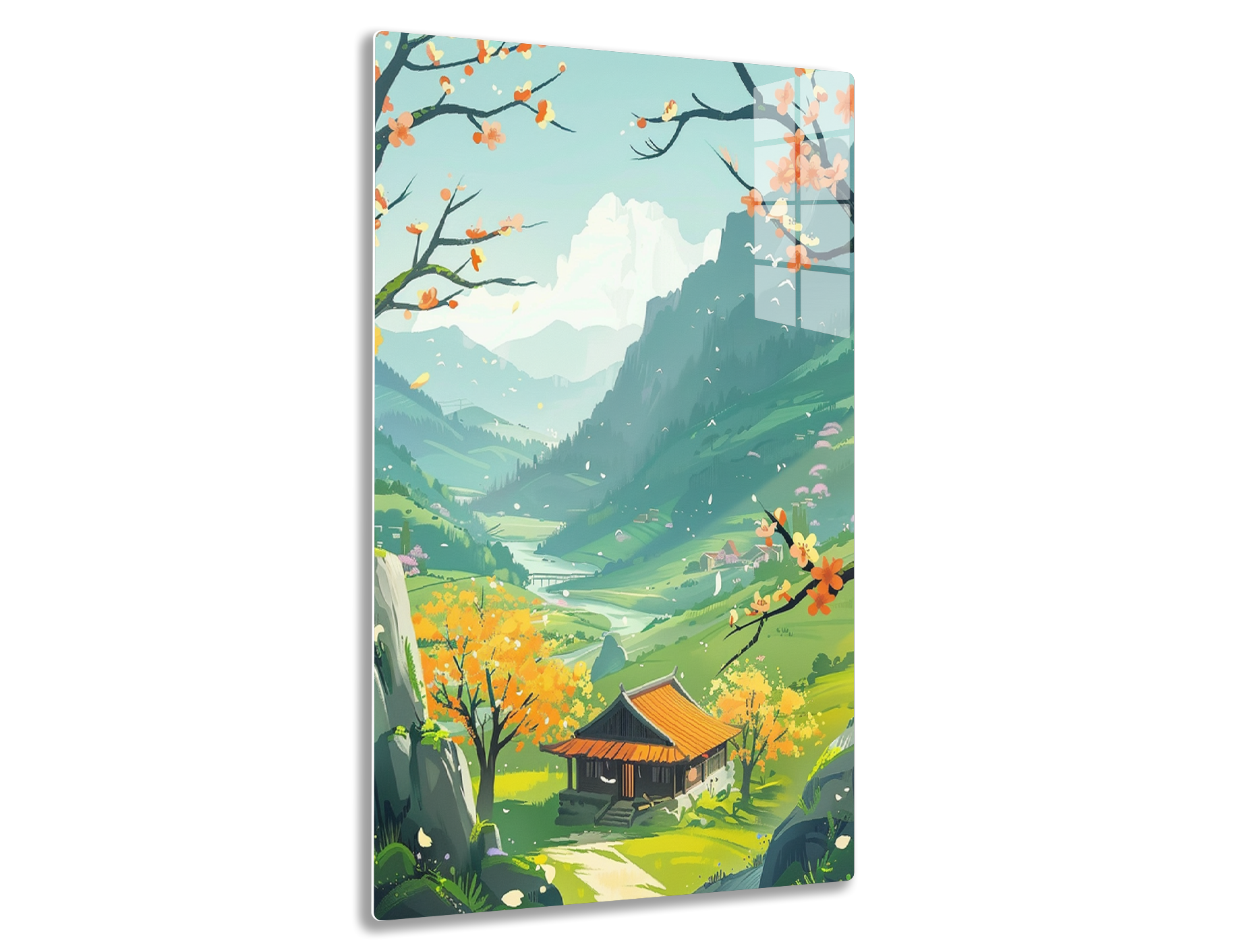 A serene mountain landscape with blossoming trees, a village house, birds in flight, and a river winding through a lush green valley against a backdrop of towering peaks and cloudy skies.
