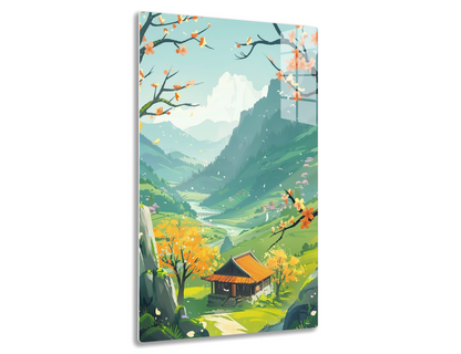 A serene mountain landscape with blossoming trees, a village house, birds in flight, and a river winding through a lush green valley against a backdrop of towering peaks and cloudy skies.
