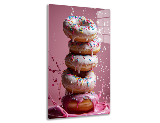 A stack of glazed donuts topped with colorful sprinkles against a pink background, creating a visually appealing and indulgent treat.
