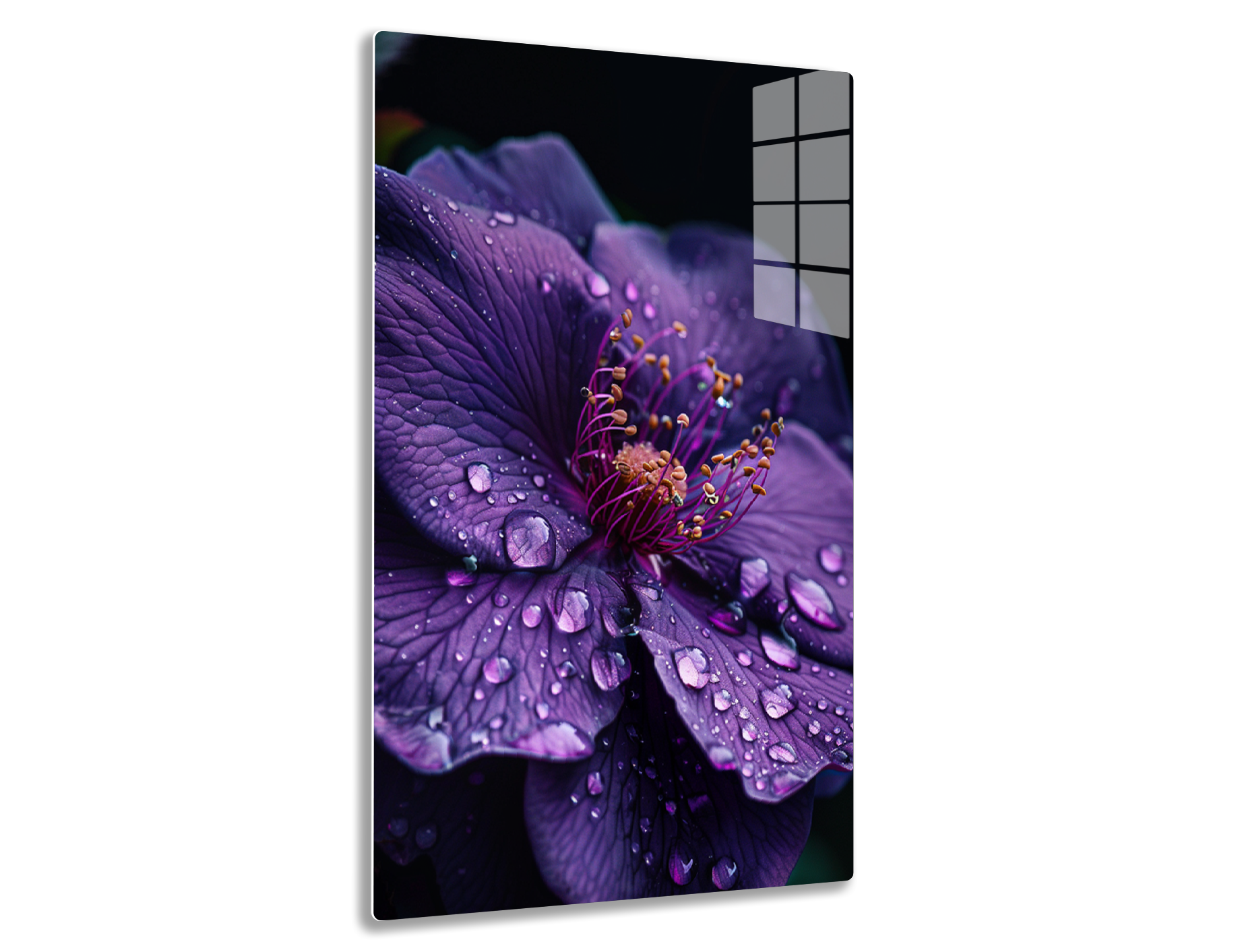 A close-up shot of a vibrant purple hibiscus flower with water droplets adorning its delicate petals, showcasing the intricate details of the stamen and pistil in the center.
