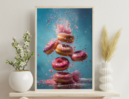 Donuts exploding in midair with frosting and sprinkles showering in a colorful explosion against a blue background.
