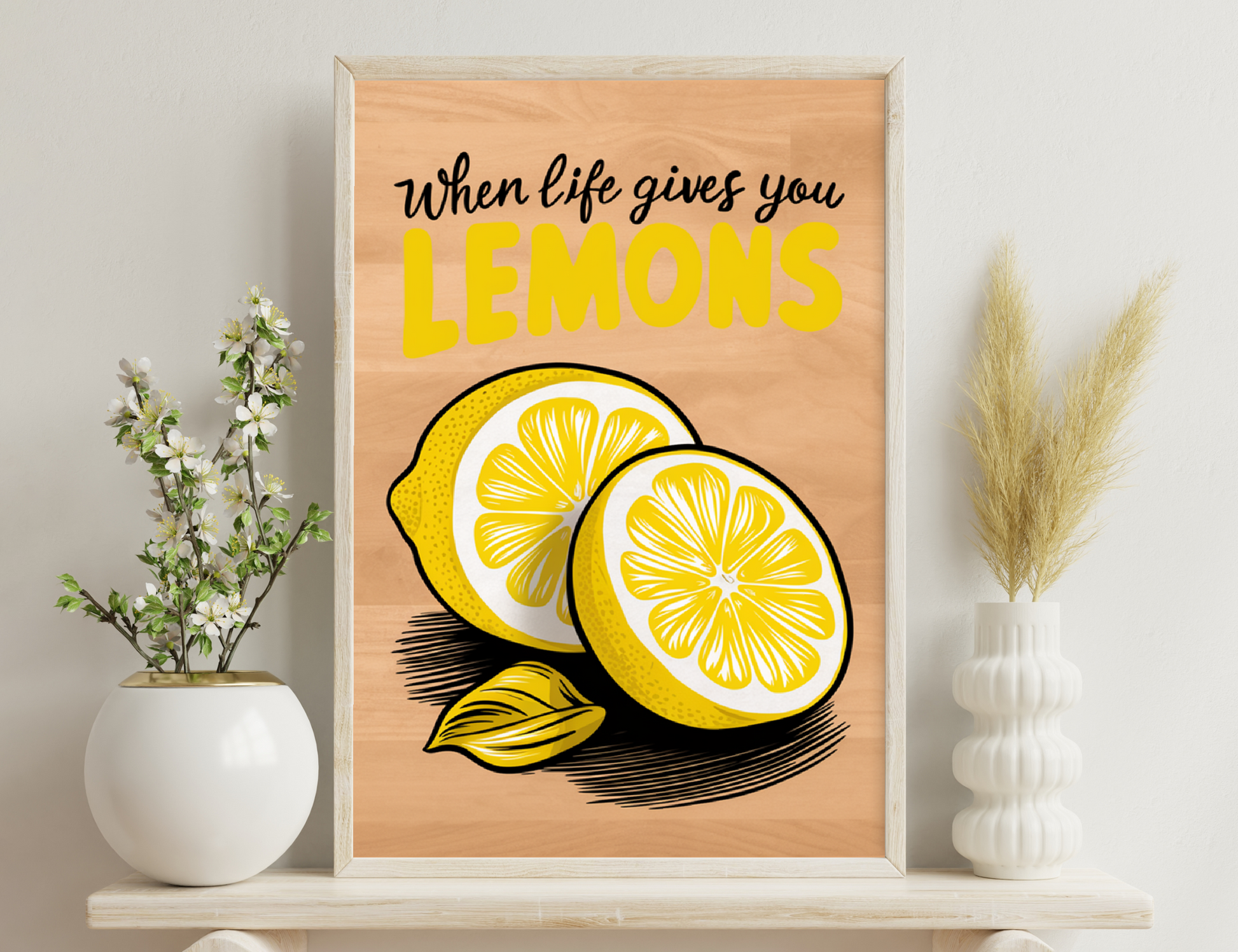 Inspiring illustration with "When life gives you lemons" text and vibrant lemon images, encouraging a positive outlook and making the best of difficult situations.
