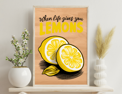 Inspiring illustration with "When life gives you lemons" text and vibrant lemon images, encouraging a positive outlook and making the best of difficult situations.
