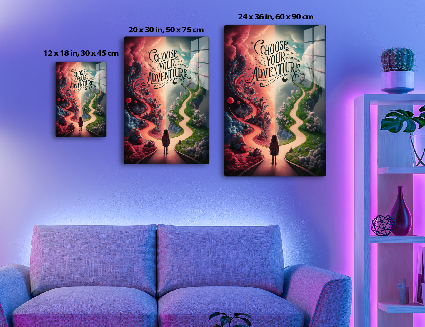 A surreal image depicting a person standing at a fork in the road, with one path leading to a dark, stormy landscape and the other to a vibrant, lush scenery, accompanied by the text "Choose Your Adventure".
