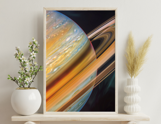 A close-up view of Saturn's swirling clouds, showcasing intricate patterns and colors ranging from deep oranges and browns to blues and creams against the blackness of space. The iconic rings are visible, appearing as curved streaks

