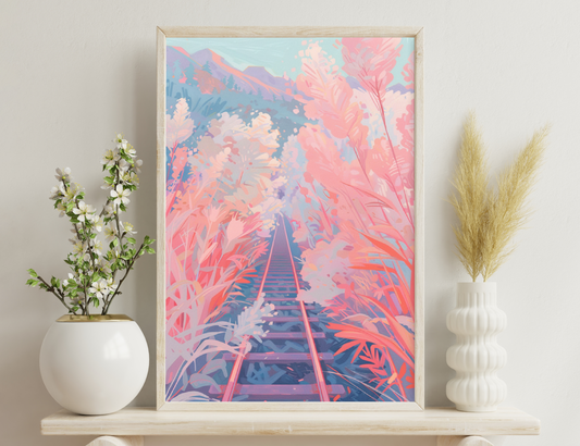 Train tracks lead through a vibrant meadow surrounded by pink foliage and mountains in the distance, creating a dreamy, surreal landscape scene with a warm color palette.
